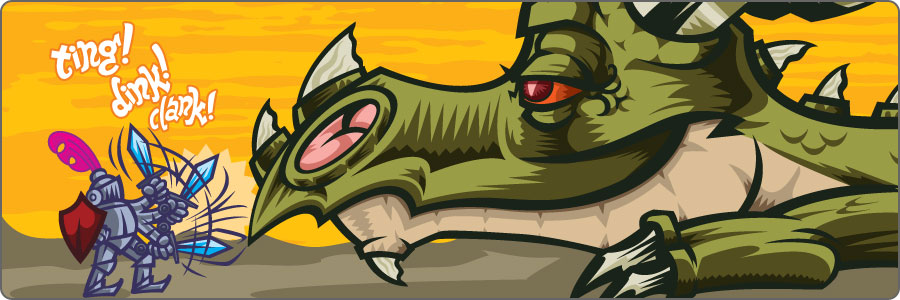 A knight in armor fighting a dragon.